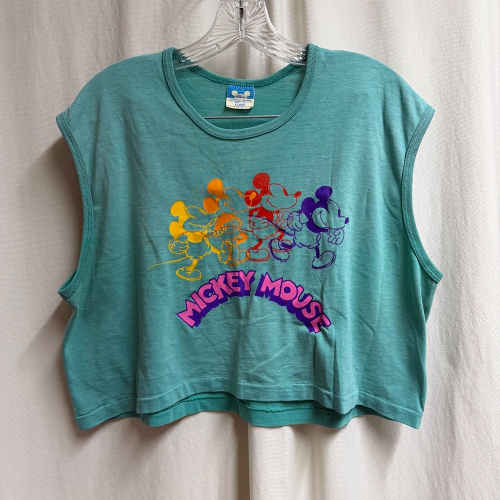 Vintage Disney Mickey Mouse Muscle Tee Teal Green Cropped Tank Top XL USA Made